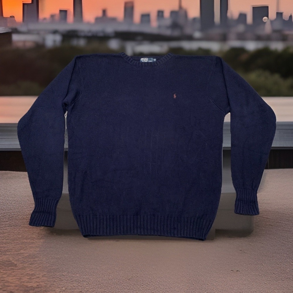 90's Vintage Polo Ralph Lauren Sweater Men 2XLT Navy Blue Knit Pullover Red Logo